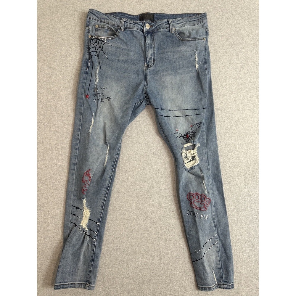 THRT Y2K‎ Skater Jeans Mens 36 Distressed Designer Embroidery Stretch